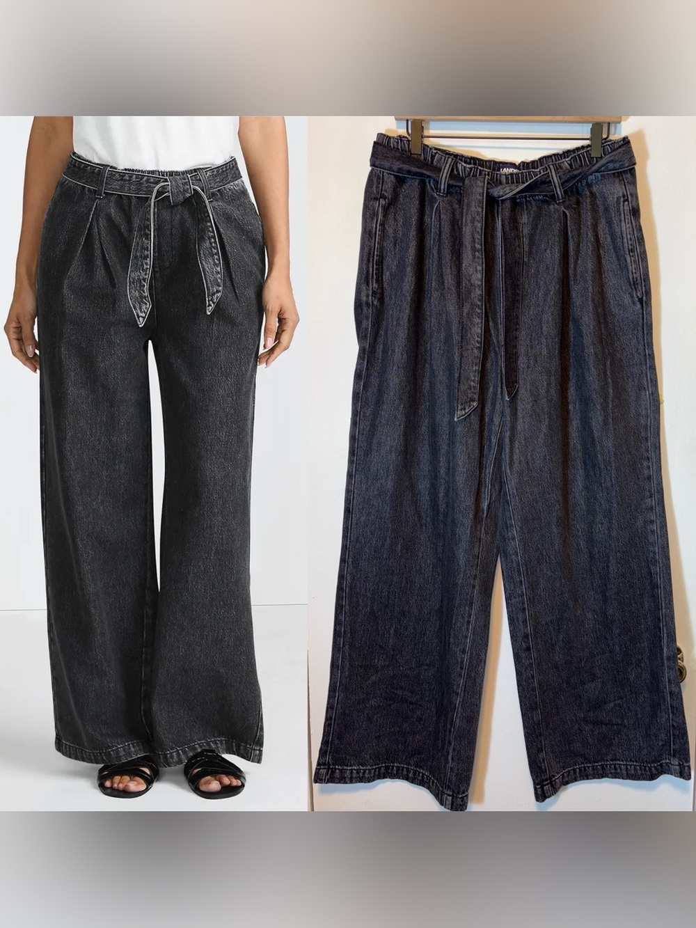 NEW Lands End Black High Ridge Twill Pull On Pleated Wide Leg Pants M 10-12